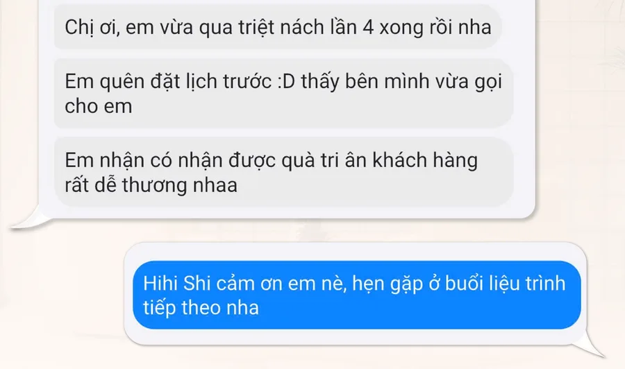Tin nhắn khách gửi Shi: Triệt lông nách, sau 4 buổi